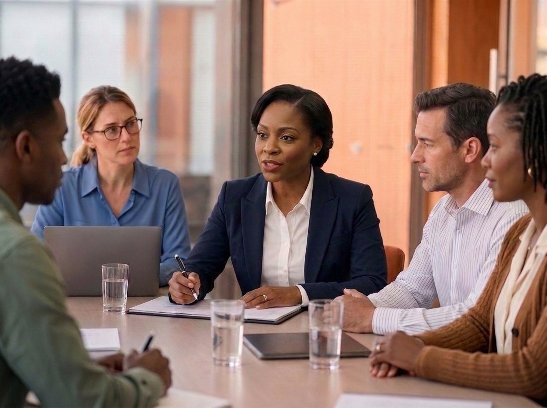 A group of behavioral health professionals in discussion around a conference table