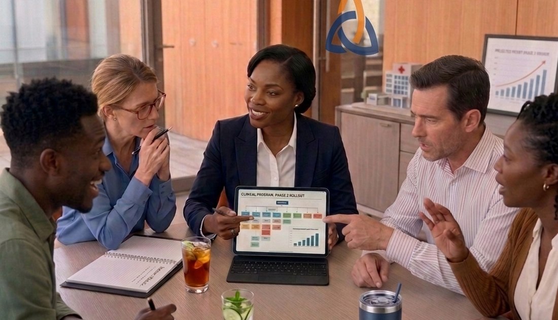 A consultant reviewing a clinical program plan on a tablet with a team of behavioral health professionals around a table