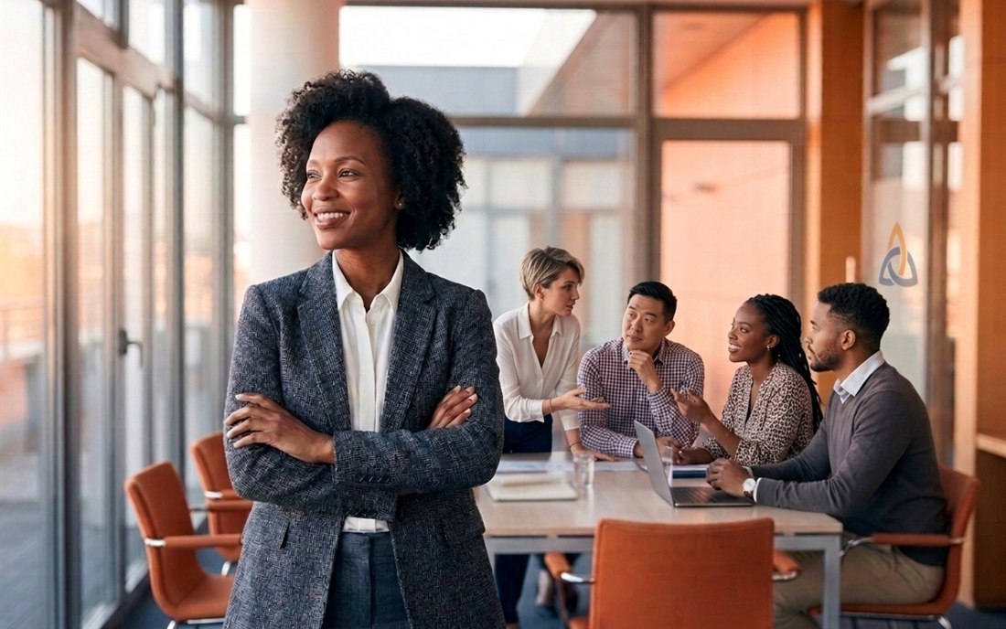 A behavioral health leader standing in a bright conference room while her team discusses work at the table behind her